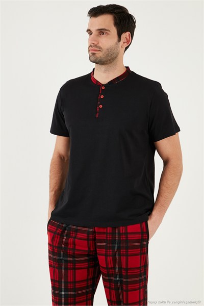 Ekoseli Pamuklu Regular Fit Kısa Kollu Erkek Pijama Takımı 60961007 SİYAH