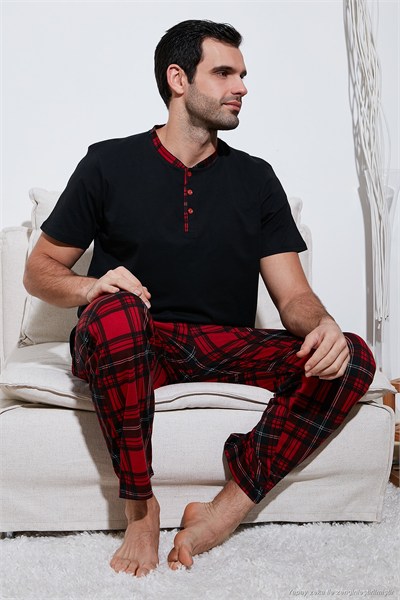 Ekoseli Pamuklu Regular Fit Kısa Kollu Erkek Pijama Takımı 60961007 SİYAH