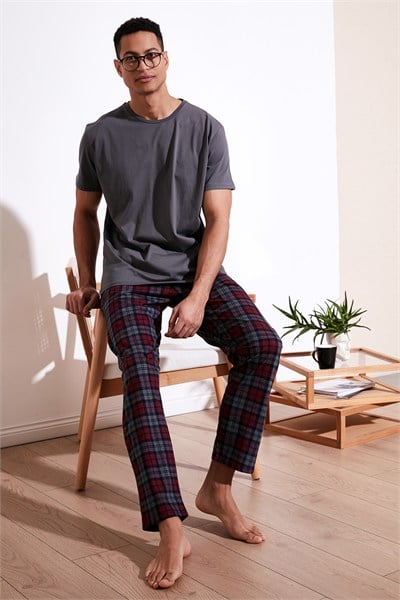 Ekoseli Pamuklu Regular Fit Kısa Kollu Erkek Pijama Takımı 6572006 FÜME