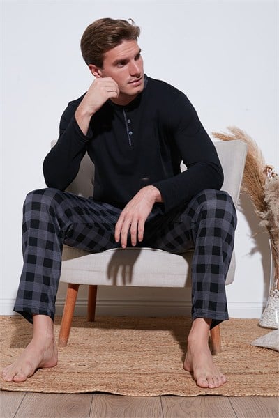 Ekoseli Pamuklu Regular Fit Uzun Kollu Erkek Pijama Takımı 60961005 SİYAH
