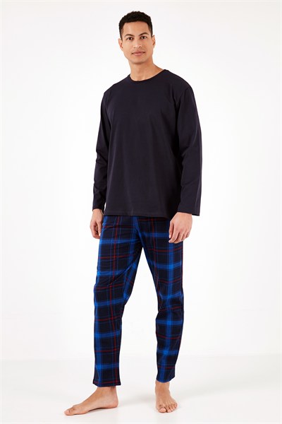 Ekoseli Pamuklu Regular Fit Uzun Kollu Erkek Pijama Takımı 6572005 LACİVERT-SAKS