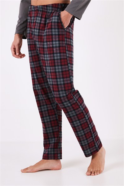 Ekoseli Pamuklu Regular Fit Uzun Kollu Erkek Pijama Takımı 6572005 FÜME