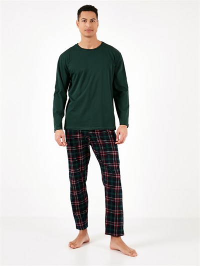 Ekoseli Pamuklu Regular Fit Uzun Kollu Erkek Pijama Takımı 6572005 YEŞİL