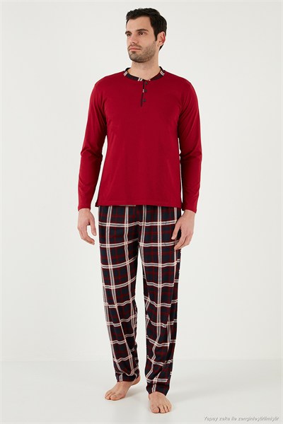 Ekoseli Pamuklu Regular Fit Uzun Kollu Erkek Pijama Takımı 60961005 BORDO