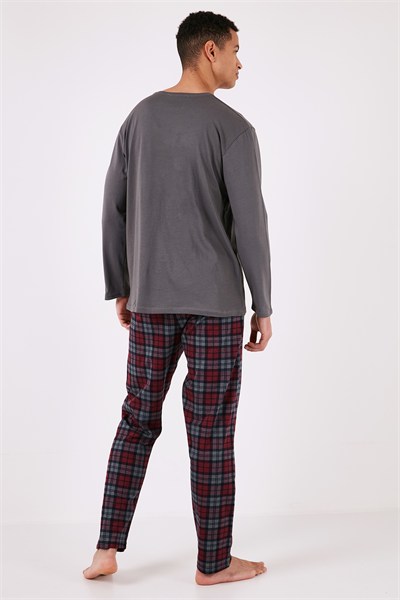 Ekoseli Pamuklu Regular Fit Uzun Kollu Erkek Pijama Takımı 6572005 FÜME