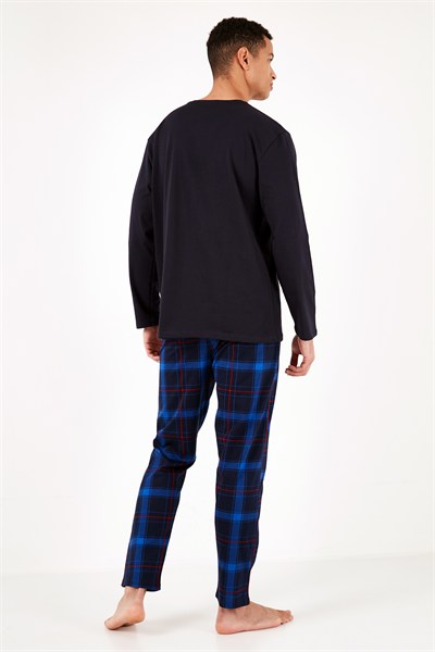 Ekoseli Pamuklu Regular Fit Uzun Kollu Erkek Pijama Takımı 6572005 LACİVERT-SAKS