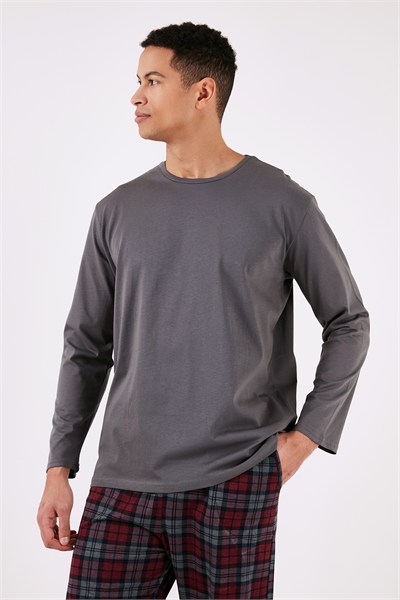 Ekoseli Pamuklu Regular Fit Uzun Kollu Erkek Pijama Takımı 6572005 FÜME