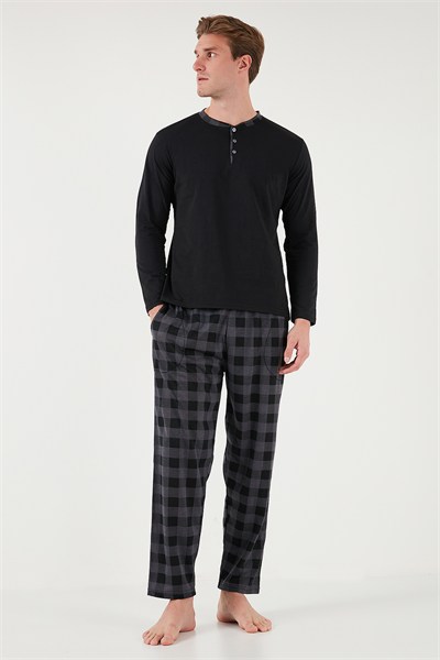 Ekoseli Pamuklu Regular Fit Uzun Kollu Erkek Pijama Takımı 60961005 SİYAH