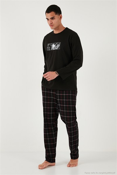 Ekoseli Pamuklu Regular Fit Yüksek Bel Bisiklet Yaka Erkek Pijama Takımı 6574000 SİYAH