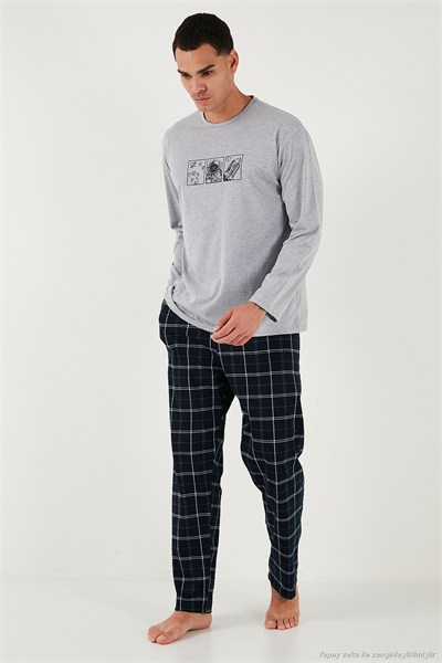 Ekoseli Pamuklu Regular Fit Yüksek Bel Bisiklet Yaka Erkek Pijama Takımı 6574000 GRİ
