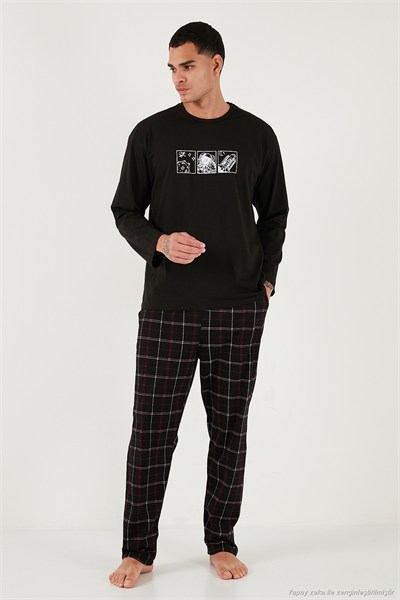 Ekoseli Pamuklu Regular Fit Yüksek Bel Bisiklet Yaka Erkek Pijama Takımı 6574000 SİYAH