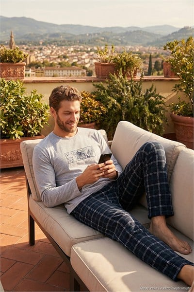 Ekoseli Pamuklu Regular Fit Yüksek Bel Bisiklet Yaka Erkek Pijama Takımı 6574000 GRİ