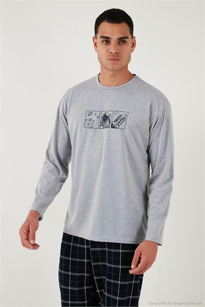 Ekoseli Pamuklu Regular Fit Yüksek Bel Bisiklet Yaka Erkek Pijama Takımı 6574000 GRİ