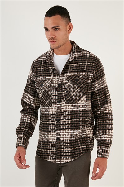 Ekoseli Regular Fit Çift Cepli Kışlık Erkek Gömlek CF24W127092 KAHVE