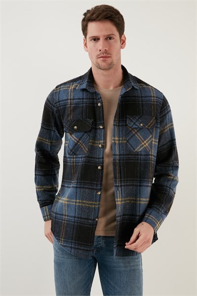 Ekoseli Regular Fit Çift Cepli Oduncu Kışlık Erkek Gömlek CF21W112577 İndigo-Sarı