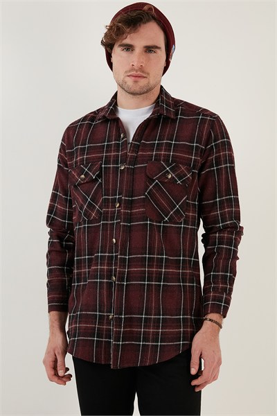 Ekoseli Regular Fit Çift Cepli Oduncu Kışlık Erkek Gömlek CF21W112577 BORDO-EKRU