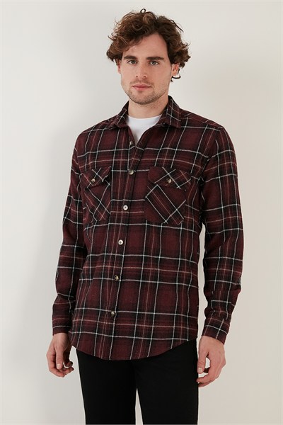 Ekoseli Regular Fit Çift Cepli Oduncu Kışlık Erkek Gömlek CF21W112577 BORDO-EKRU