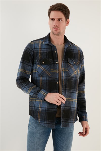 Ekoseli Regular Fit Çift Cepli Oduncu Kışlık Erkek Gömlek CF21W112577 İndigo-Sarı