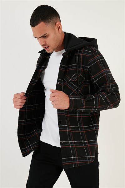 Ekoseli Regular Fit Çıkarılabilir Kapüşonlu Kışlık Erkek Gömlek CF24W126985 SİYAH
