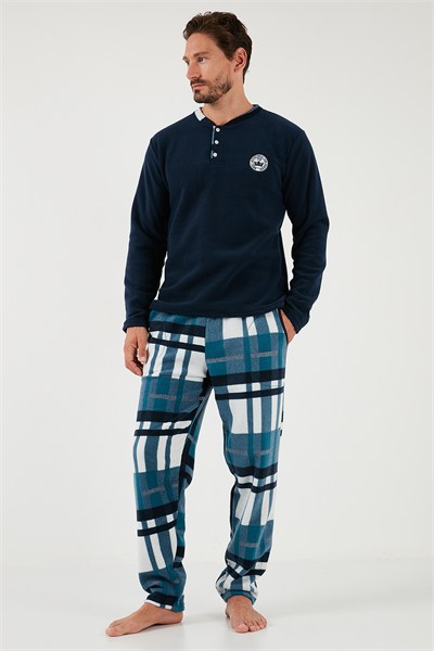 Ekoseli Regular Fit Düğmeli Bisiklet Yaka Kışlık Polar Erkek Pijama Takımı 60961008 LACİVERT