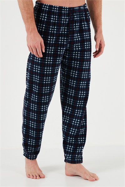 Ekoseli Regular Fit Düğmeli Bisiklet Yaka Kışlık Polar Erkek Pijama Takımı 60961002 LACİVERT