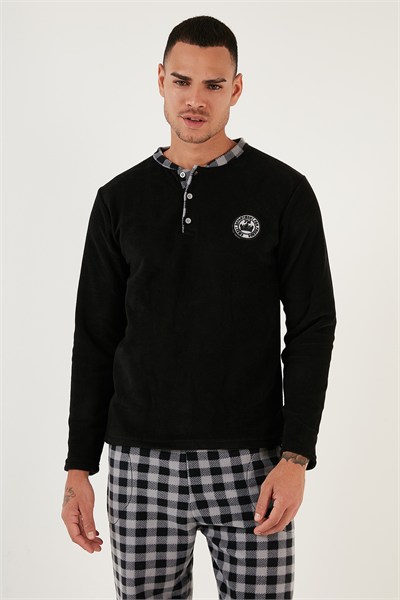 Ekoseli Regular Fit Düğmeli Bisiklet Yaka Kışlık Polar Erkek Pijama Takımı 60961002 SİYAH