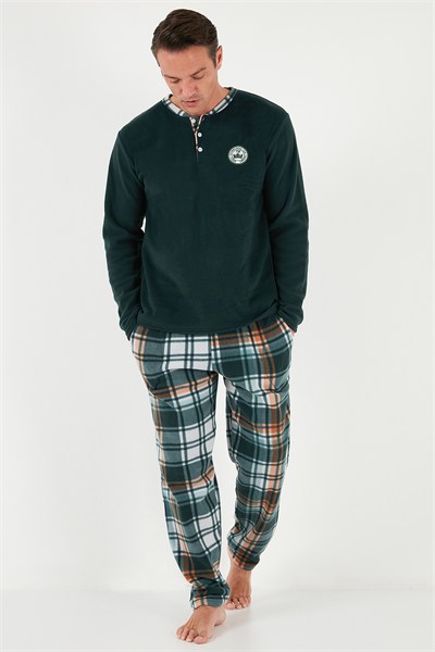 Ekoseli Regular Fit Düğmeli Bisiklet Yaka Kışlık Polar Erkek Pijama Takımı 60961008 YEŞİL