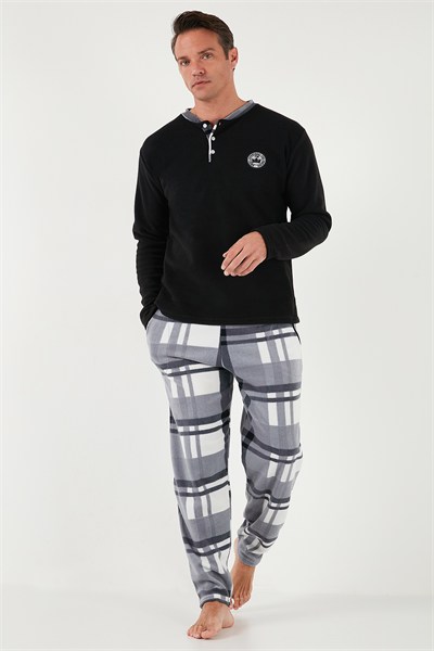 Ekoseli Regular Fit Düğmeli Bisiklet Yaka Kışlık Polar Erkek Pijama Takımı 60961008 SİYAH