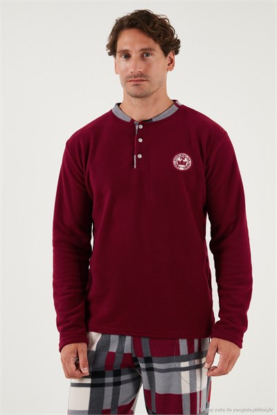 Ekoseli Regular Fit Düğmeli Bisiklet Yaka Kışlık Polar Erkek Pijama Takımı 60961008 BORDO