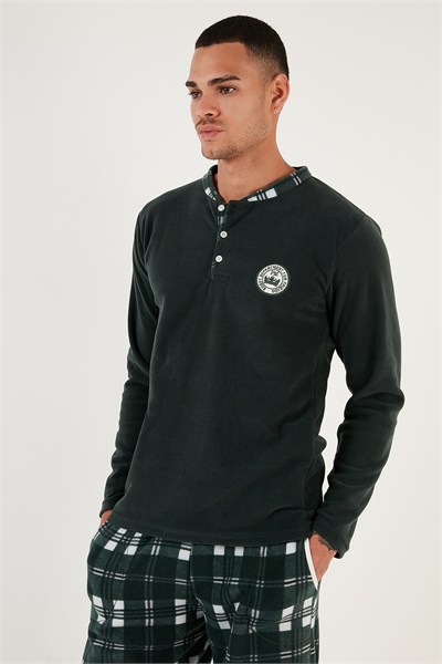 Ekoseli Regular Fit Düğmeli Bisiklet Yaka Kışlık Polar Erkek Pijama Takımı 60961002 YEŞİL