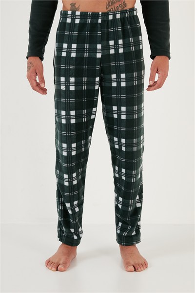Ekoseli Regular Fit Düğmeli Bisiklet Yaka Kışlık Polar Erkek Pijama Takımı 60961002 YEŞİL