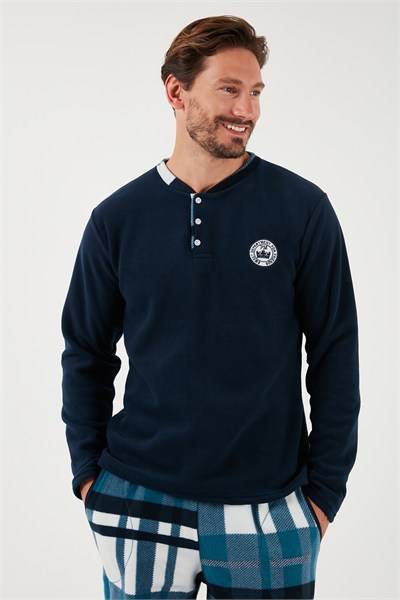 Ekoseli Regular Fit Düğmeli Bisiklet Yaka Kışlık Polar Erkek Pijama Takımı 60961008 LACİVERT