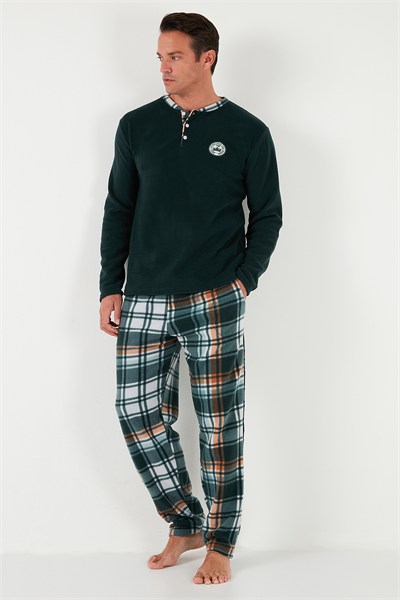 Ekoseli Regular Fit Düğmeli Bisiklet Yaka Kışlık Polar Erkek Pijama Takımı 60961008 YEŞİL