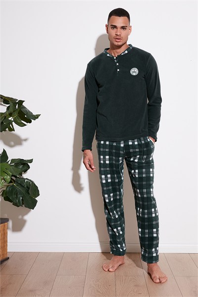 Ekoseli Regular Fit Düğmeli Bisiklet Yaka Kışlık Polar Erkek Pijama Takımı 60961002 YEŞİL