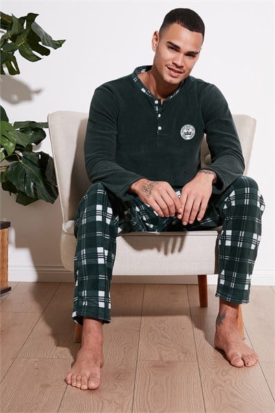 Ekoseli Regular Fit Düğmeli Bisiklet Yaka Kışlık Polar Erkek Pijama Takımı 60961002 YEŞİL