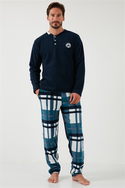 Ekoseli Regular Fit Düğmeli Bisiklet Yaka Kışlık Polar Erkek Pijama Takımı 60961008 LACİVERT