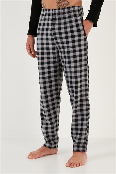 Ekoseli Regular Fit Düğmeli Bisiklet Yaka Kışlık Polar Erkek Pijama Takımı 60961002 SİYAH
