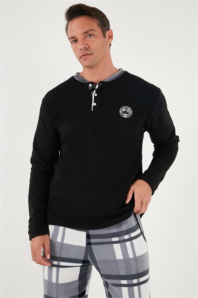 Ekoseli Regular Fit Düğmeli Bisiklet Yaka Kışlık Polar Erkek Pijama Takımı 60961008 SİYAH