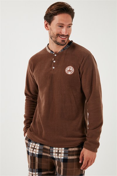 Ekoseli Regular Fit Düğmeli Bisiklet Yaka Kışlık Polar Erkek Pijama Takımı 60961002 CAMEL