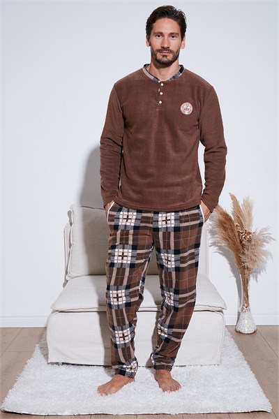 Ekoseli Regular Fit Düğmeli Bisiklet Yaka Kışlık Polar Erkek Pijama Takımı 60961002 CAMEL