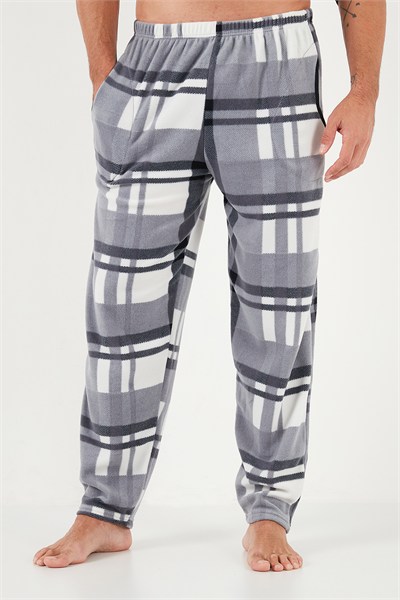 Ekoseli Regular Fit Düğmeli Bisiklet Yaka Kışlık Polar Erkek Pijama Takımı 60961008 SİYAH