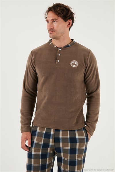 Ekoseli Regular Fit Düğmeli Bisiklet Yaka Kışlık Polar Erkek Pijama Takımı 60961008 CAMEL