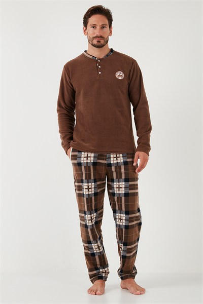 Ekoseli Regular Fit Düğmeli Bisiklet Yaka Kışlık Polar Erkek Pijama Takımı 60961002 CAMEL