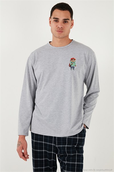 Ekoseli Regular Fit Yüksek Bel Cepli Bisiklet Yaka Erkek Pijama Takımı 6574002 GRİ