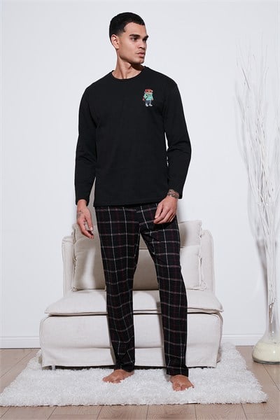 Ekoseli Regular Fit Yüksek Bel Cepli Bisiklet Yaka Erkek Pijama Takımı 6574002 SİYAH-SİYAH