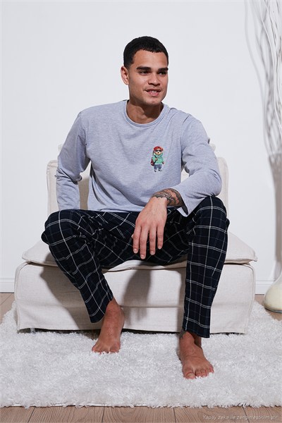 Ekoseli Regular Fit Yüksek Bel Cepli Bisiklet Yaka Erkek Pijama Takımı 6574002 GRİ