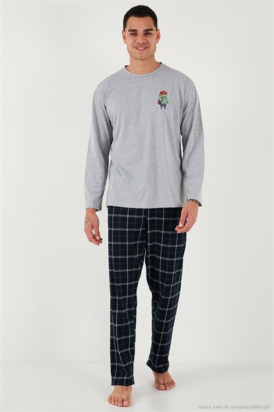 Ekoseli Regular Fit Yüksek Bel Cepli Bisiklet Yaka Erkek Pijama Takımı 6574002 GRİ