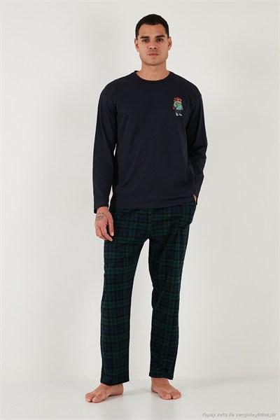 Ekoseli Regular Fit Yüksek Bel Cepli Bisiklet Yaka Erkek Pijama Takımı 6574002 LACİVERT