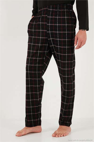 Ekoseli Regular Fit Yüksek Bel Cepli Bisiklet Yaka Erkek Pijama Takımı 6574002 SİYAH-SİYAH