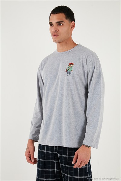 Ekoseli Regular Fit Yüksek Bel Cepli Bisiklet Yaka Erkek Pijama Takımı 6574002 GRİ